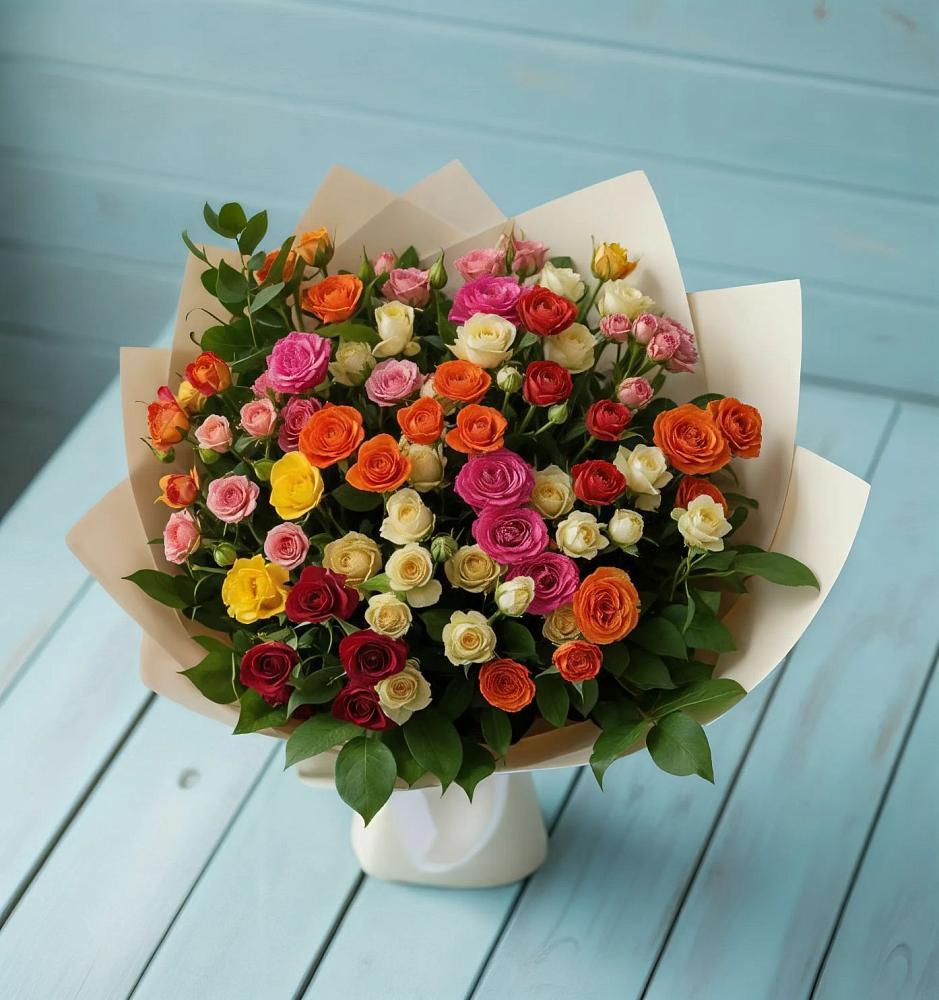 Букет Микс из разноцветных кустовых роз в Сибирском