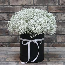 Цветочная композиция из Гипсофила в шляпной коробке в Сибирском