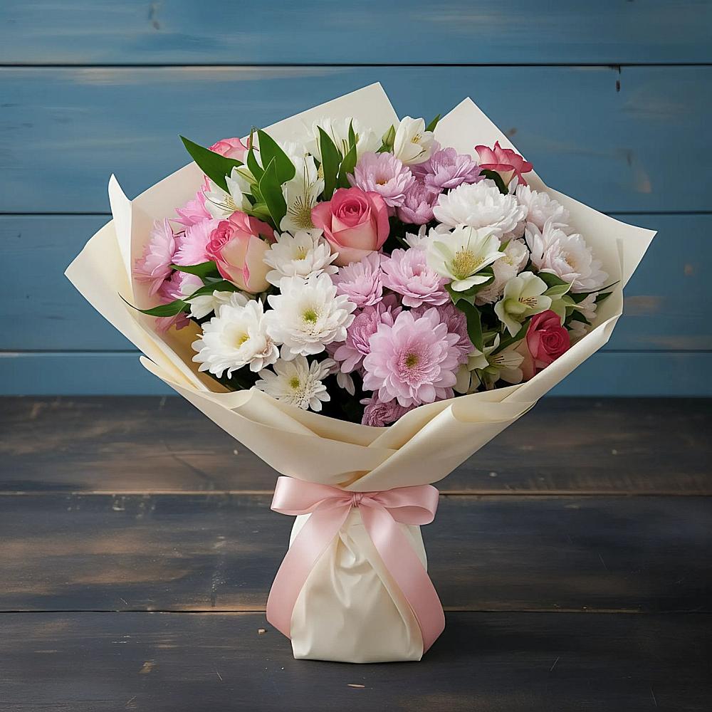 Букет цветов из: Хризантемы, Альстромерии и Розы в Сибирском